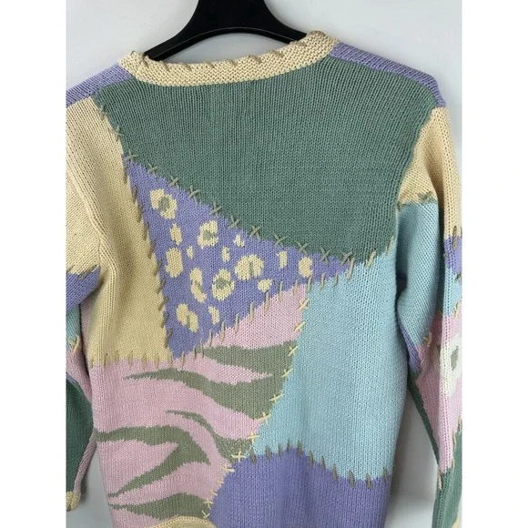 Storybook Knits Patchwork Spring Themed Cardigan Sweater Ramie Cotton Size Large - Picture 7 of 16